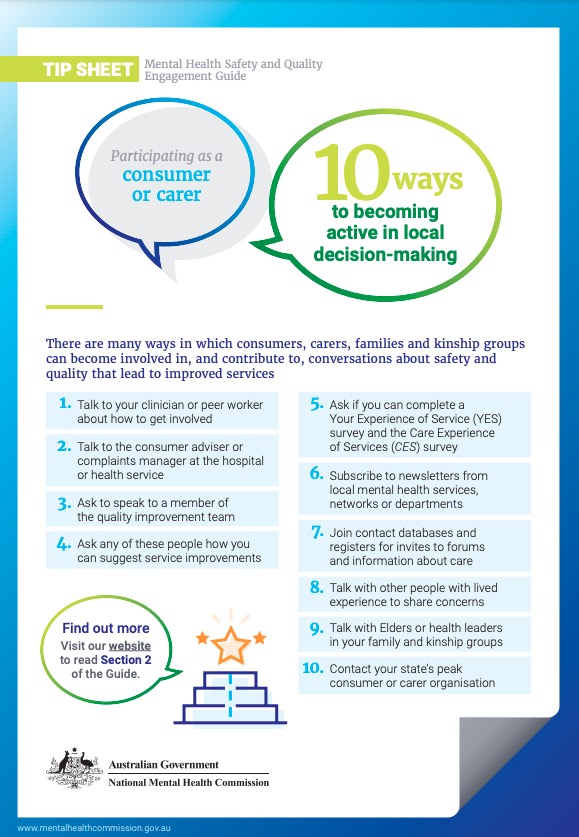 Tip Sheet, Mental Health Safety and Quality Engagement Guide, 10 ways to becoming active in local decision-making