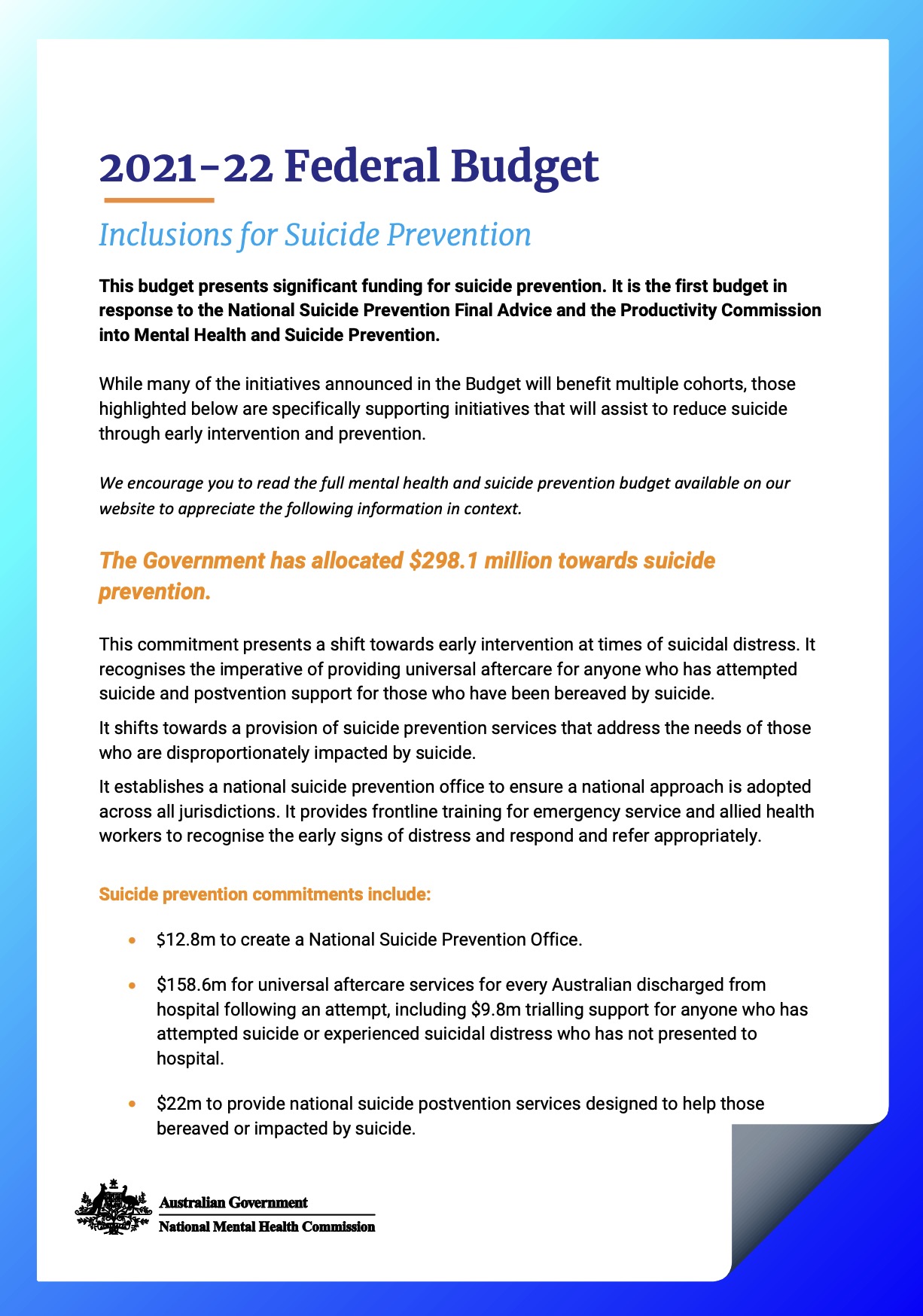 2021-22 Federal Budget, Inclusions for Suicide Prevention