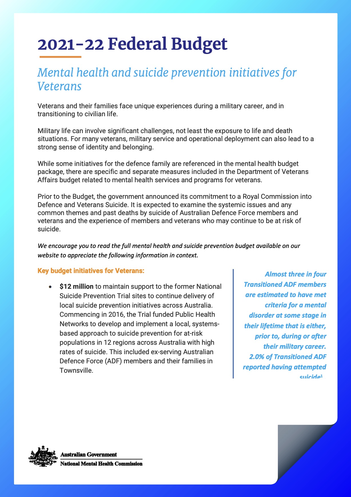 2021-22 Federal Budget, Mental health and suicide prevention initiatives for Veterans