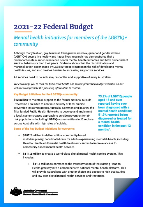 2021-22 Federal Budget, Mental health initiatives for members of the LGBTIQ+ community