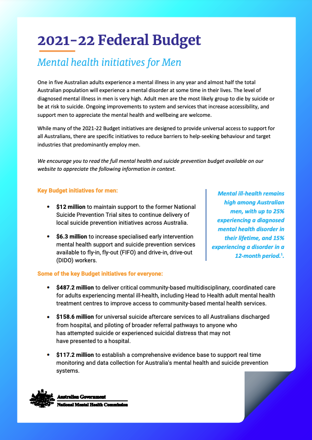 2021-22 Federal Budget Mental health initiatives for Men
