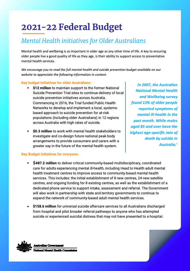 2021-22 Federal Budget Mental Health initiatives for Older Australians
