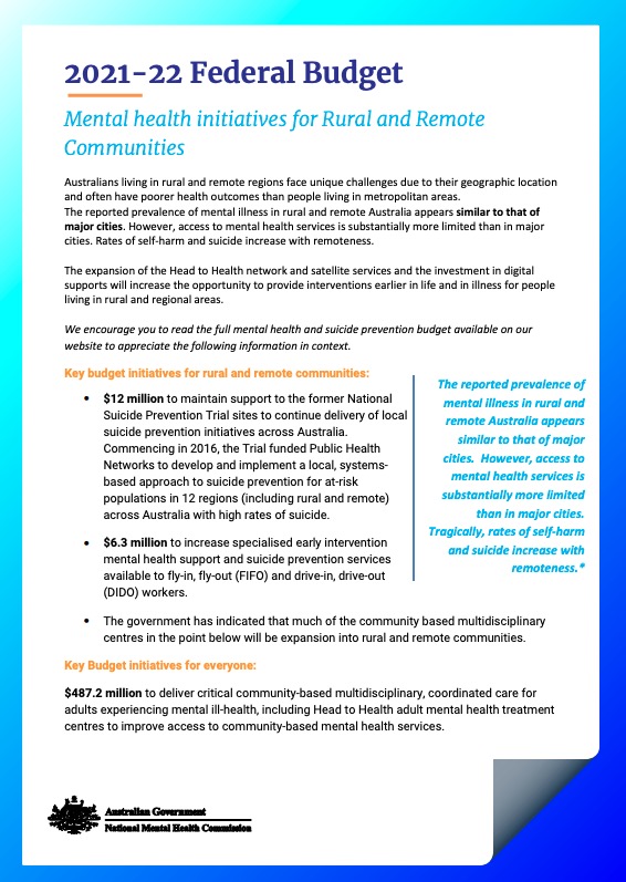 2021-22 Federal Budget, Mental health initiatives for Rural and Remote Communities