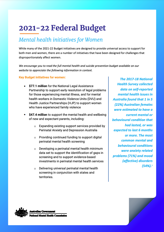 2021-22 Federal Budget Mental health initiatives for Women
