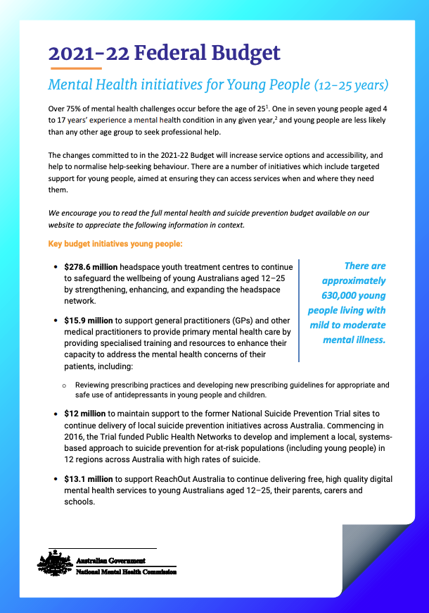 2021-22 Federal Budget Mental Health initiatives for Young People (12-25 years)