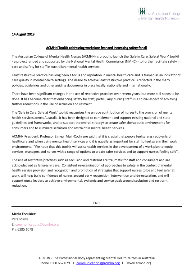 ACMHN Toolkit addressing workplace fear and increasing safety for all 