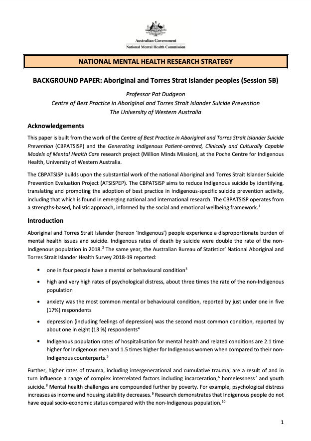 National Mental Health Commisson  NATIONAL MENTAL HEALTH RESEARCH STRATEGY  BACKGROUND PAPER: Aboriginal and Torres Strat Islander peoples (Session 5B)