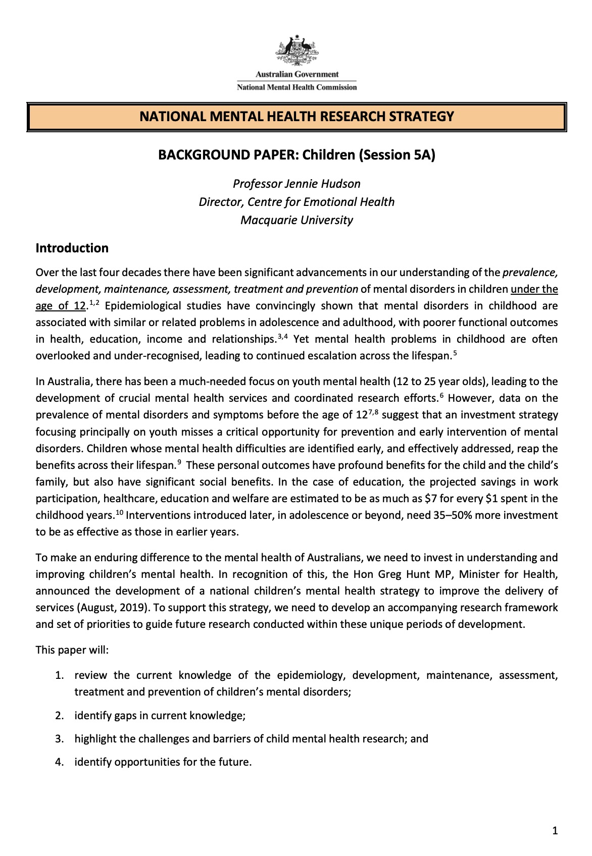 NATIONAL MENTAL HEALTH RESEARCH STRATEGY, BACKGROUND PAPER: Children (Session 5A)