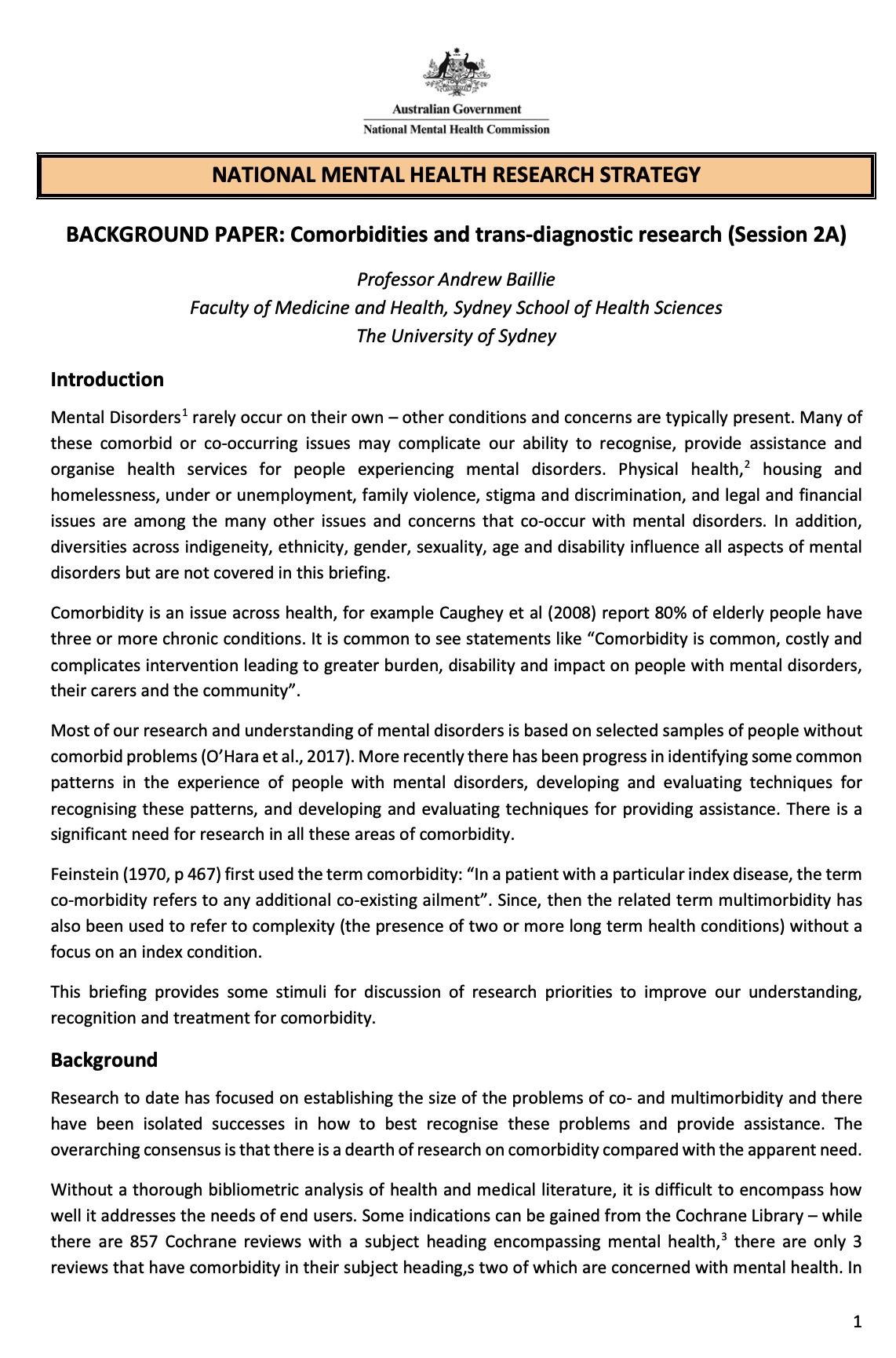 NATIONAL MENTAL HEALTH RESEARCH STRATEGY, BACKGROUND PAPER: Comorbidities and trans-diagnostic research (Session 2A)