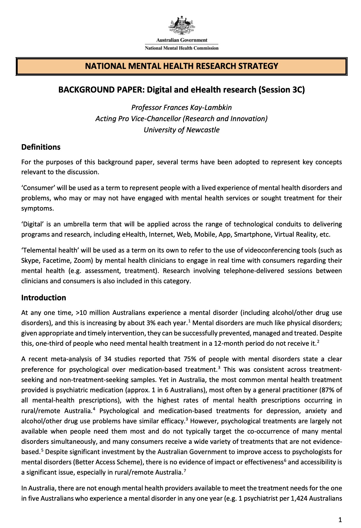 NATIONAL MENTAL HEALTH RESEARCH STRATEGY, BACKGROUND PAPER: Digital and eHealth research (Session 3C)