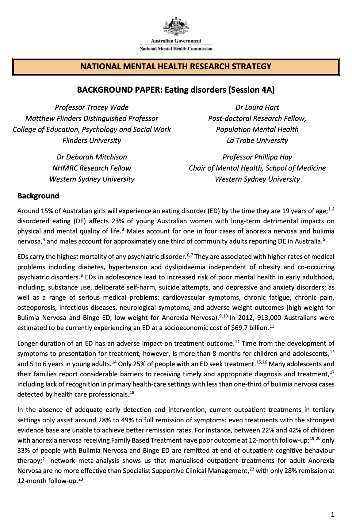 NATIONAL MENTAL HEALTH RESEARCH STRATEGY, BACKGROUND PAPER: Eating disorders (Session 4A)