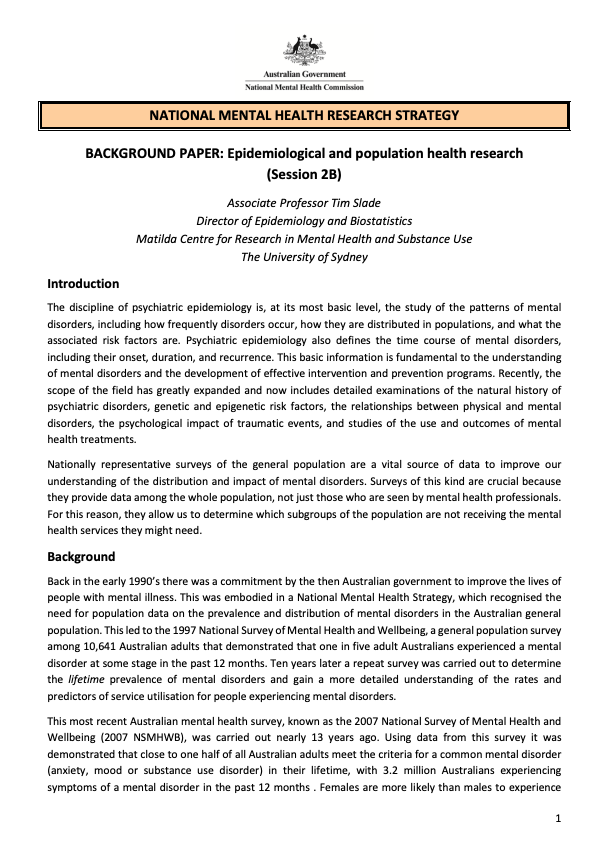 NATIONAL MENTAL HEALTH RESEARCH STRATEGY  BACKGROUND PAPER: Epidemiological and population health research (Session 2B)