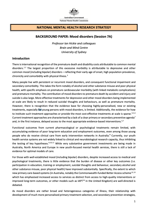 NATIONAL MENTAL HEALTH RESEARCH STRATEGY  BACKGROUND PAPER: Mood disorders (Session 7A)