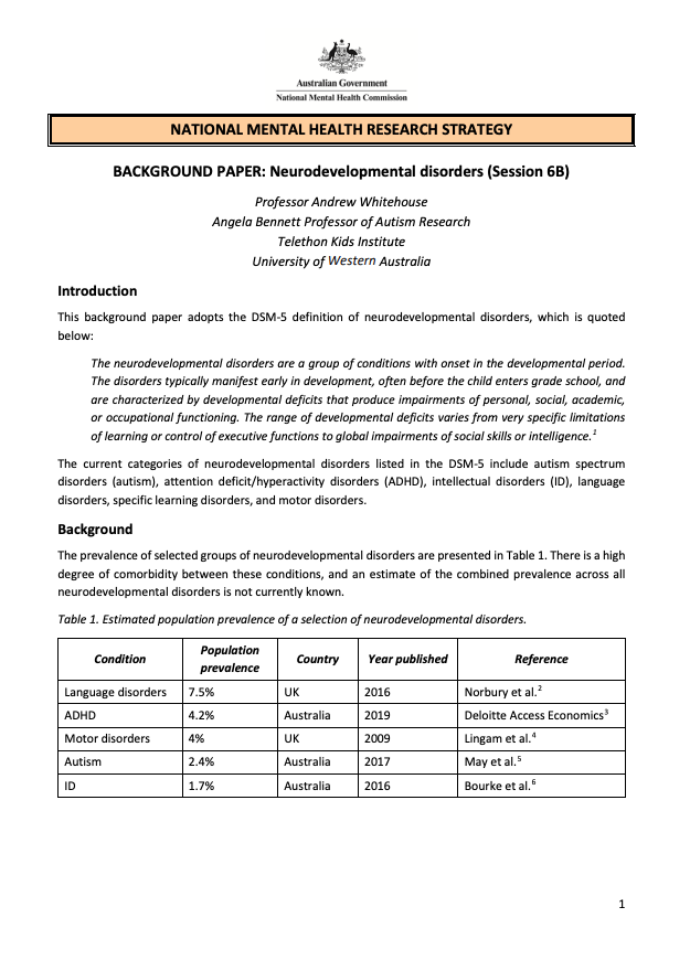 NATIONAL MENTAL HEALTH RESEARCH STRATEGY  BACKGROUND PAPER: Neurodevelopmental disorders (Session 6B)