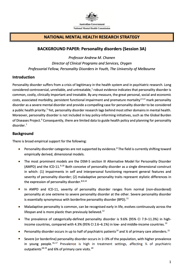 NATIONAL MENTAL HEALTH RESEARCH STRATEGY  BACKGROUND PAPER: Personality disorders (Session 3A)