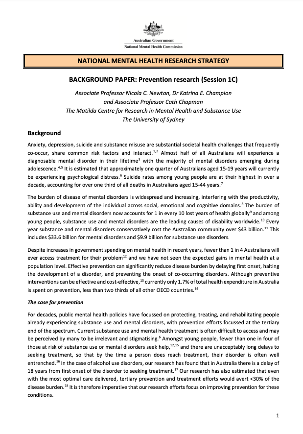 NATIONAL MENTAL HEALTH RESEARCH STRATEGY  BACKGROUND PAPER: Prevention research (Session 1C)