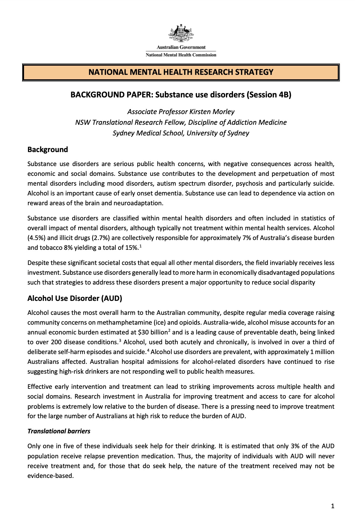 BACKGROUND PAPER: Substance use disorders (Session 4B)