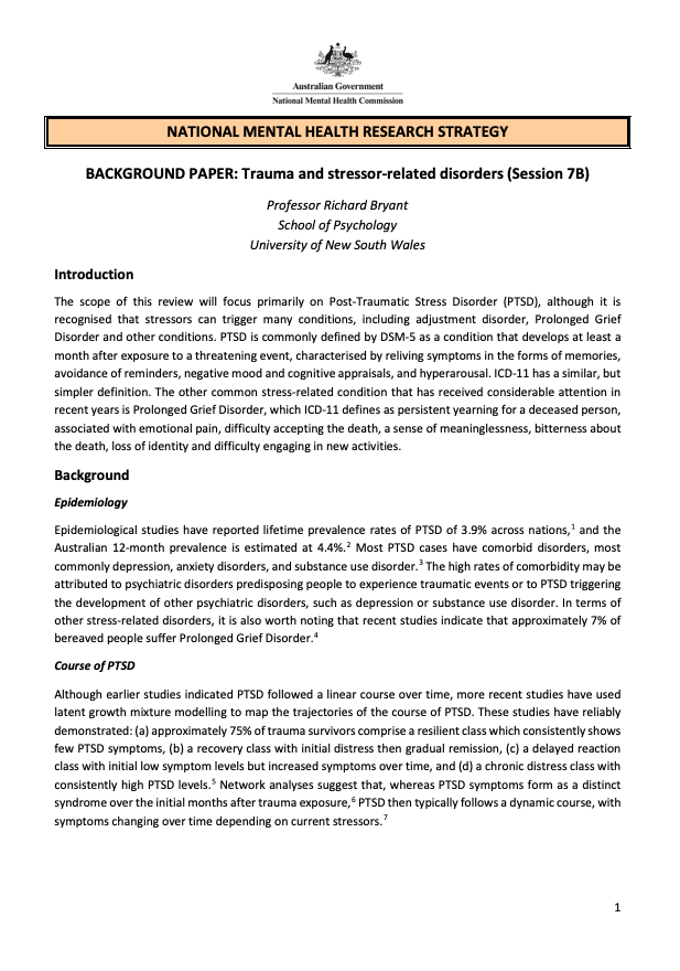 NATIONAL MENTAL HEALTH RESEARCH STRATEGY  BACKGROUND PAPER: Trauma and stressor-related disorders (Session 7B)