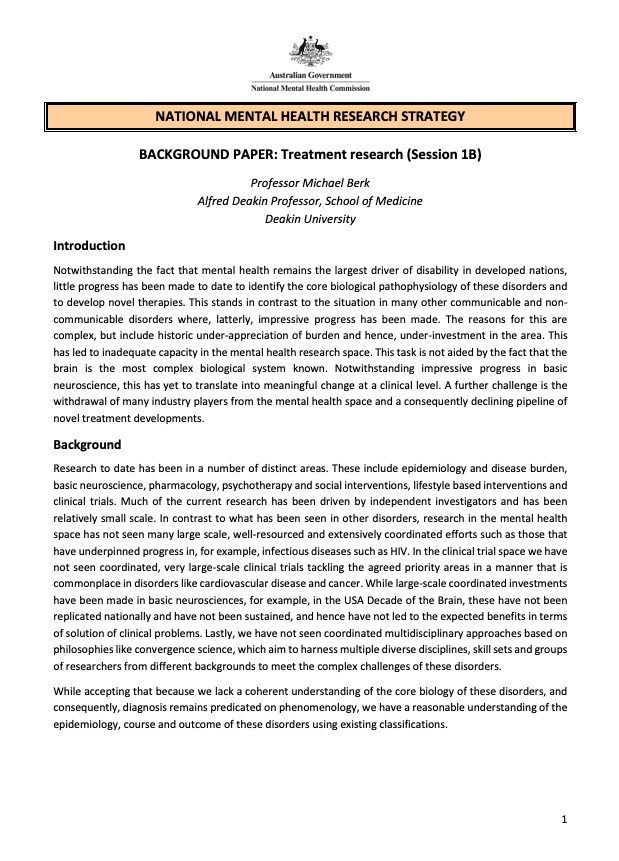 NATIONAL MENTAL HEALTH RESEARCH STRATEGY  BACKGROUND PAPER: Treatment research (Session 1B)