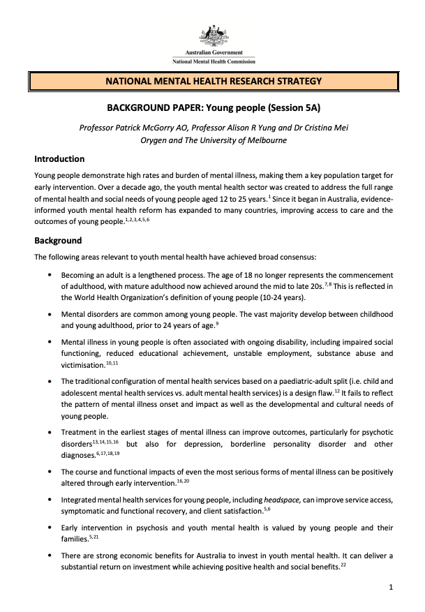 NATIONAL MENTAL HEALTH RESEARCH STRATEGY  BACKGROUND PAPER: Young people (Session 5A)