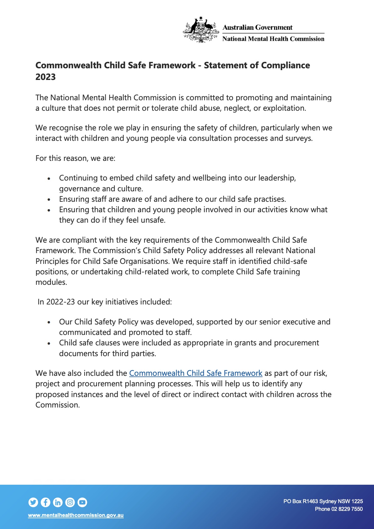 Commonwealth Child Safe Framework - Statement of Compliance 2023