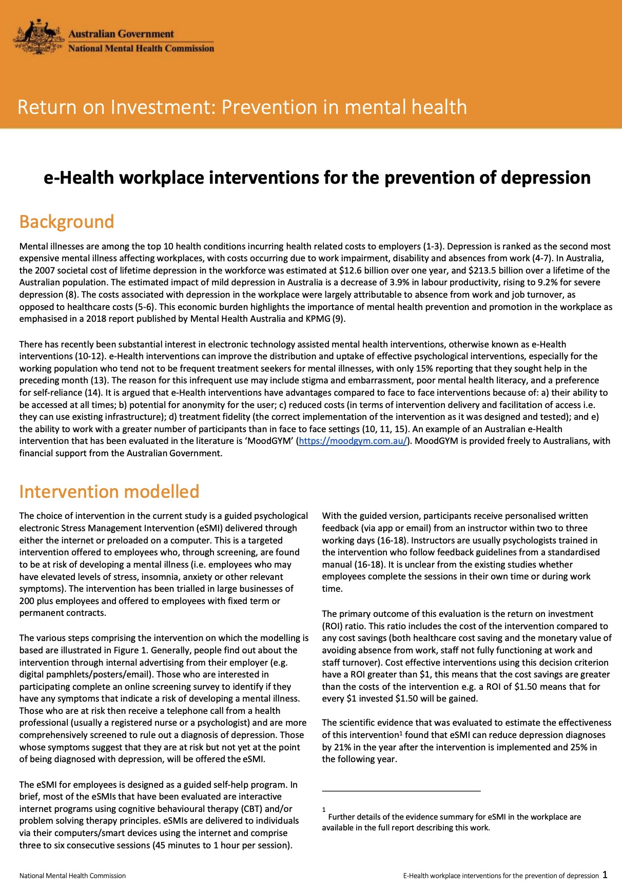 Return on Investment: Prevention in mental health, e-Health workplace interventions for the prevention of depression