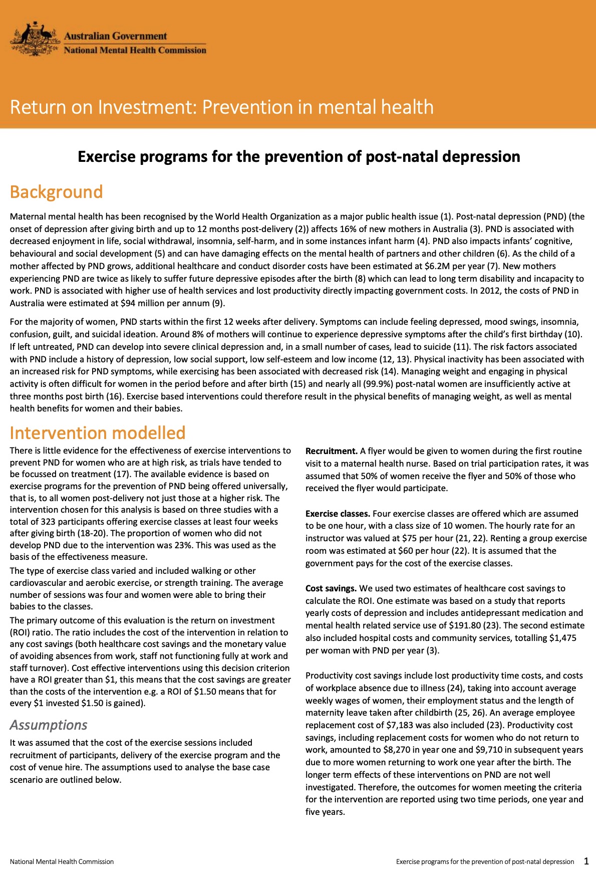 Return on Investment: Prevention in mental health, Exercise programs for the prevention of post-natal depression