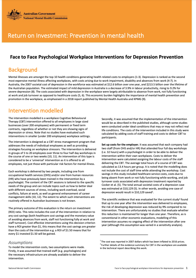 Face to Face Psychological Workplace Interventions for Depression Prevention