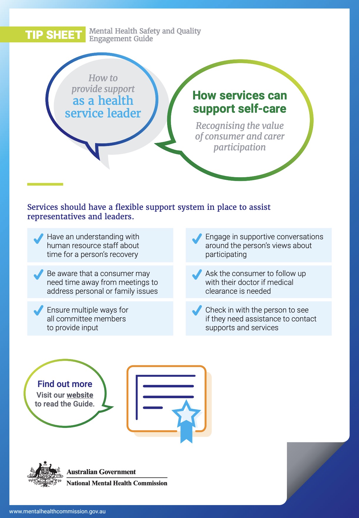 Tip Sheet, Mental Health Safety and Quality Engagement Guide, How services can support self-care