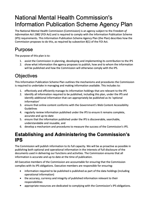 National Mental Health Commission's Information Publication Scheme Agency Plan