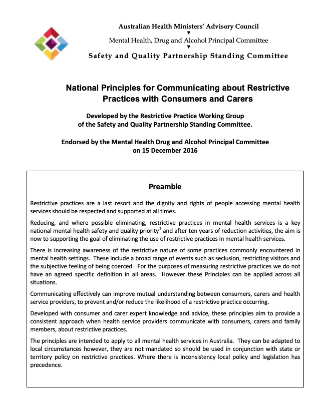 National Principles for Communicating about Restrictive, Practices with Consumers and Carers