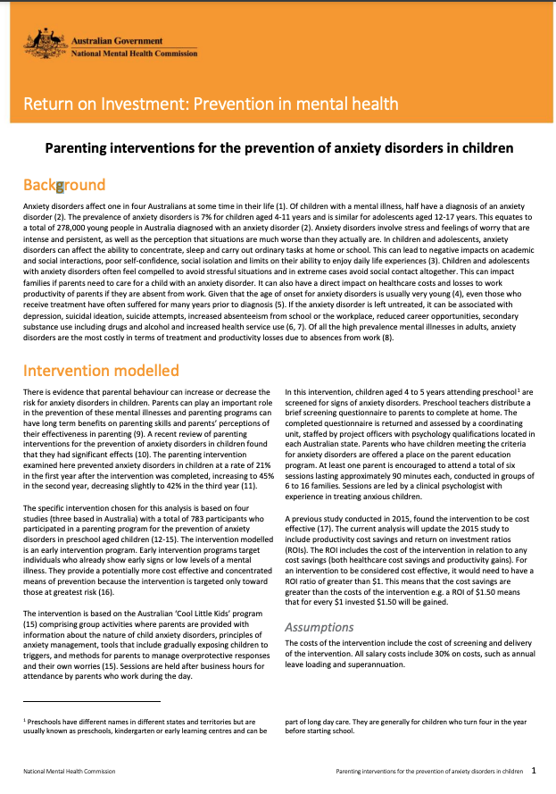 Parenting interventions for the prevention of anxiety disorders in children