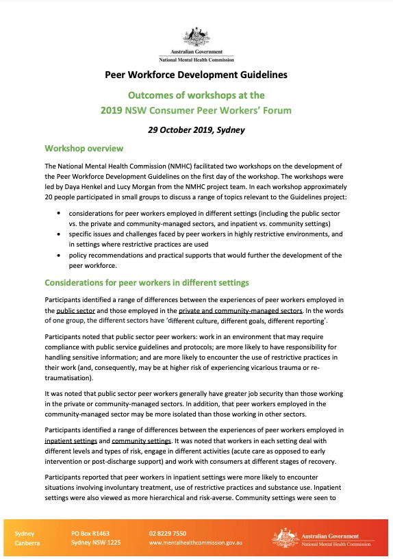 Peer Workforce Development Guidelines, Outcomes of workshops at the 2019 NSW Consumer Peer Workers' Forum
