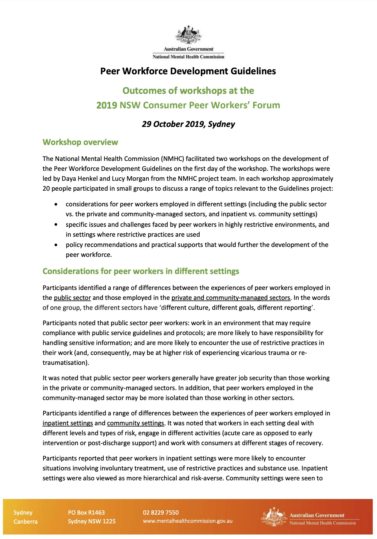 Peer Workforce Development Guidelines, Outcomes of workshops at the 2019 NSW Consumer Peer Workers' Forum