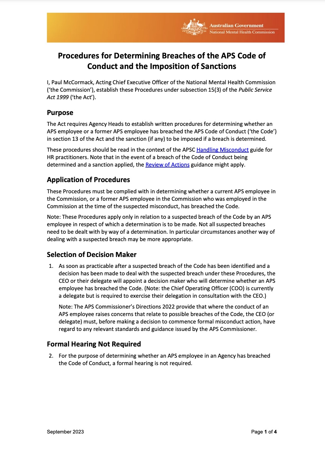 Procedures for Determining Breaches of the APS Code of Conduct and the Imposition of Sanctions
