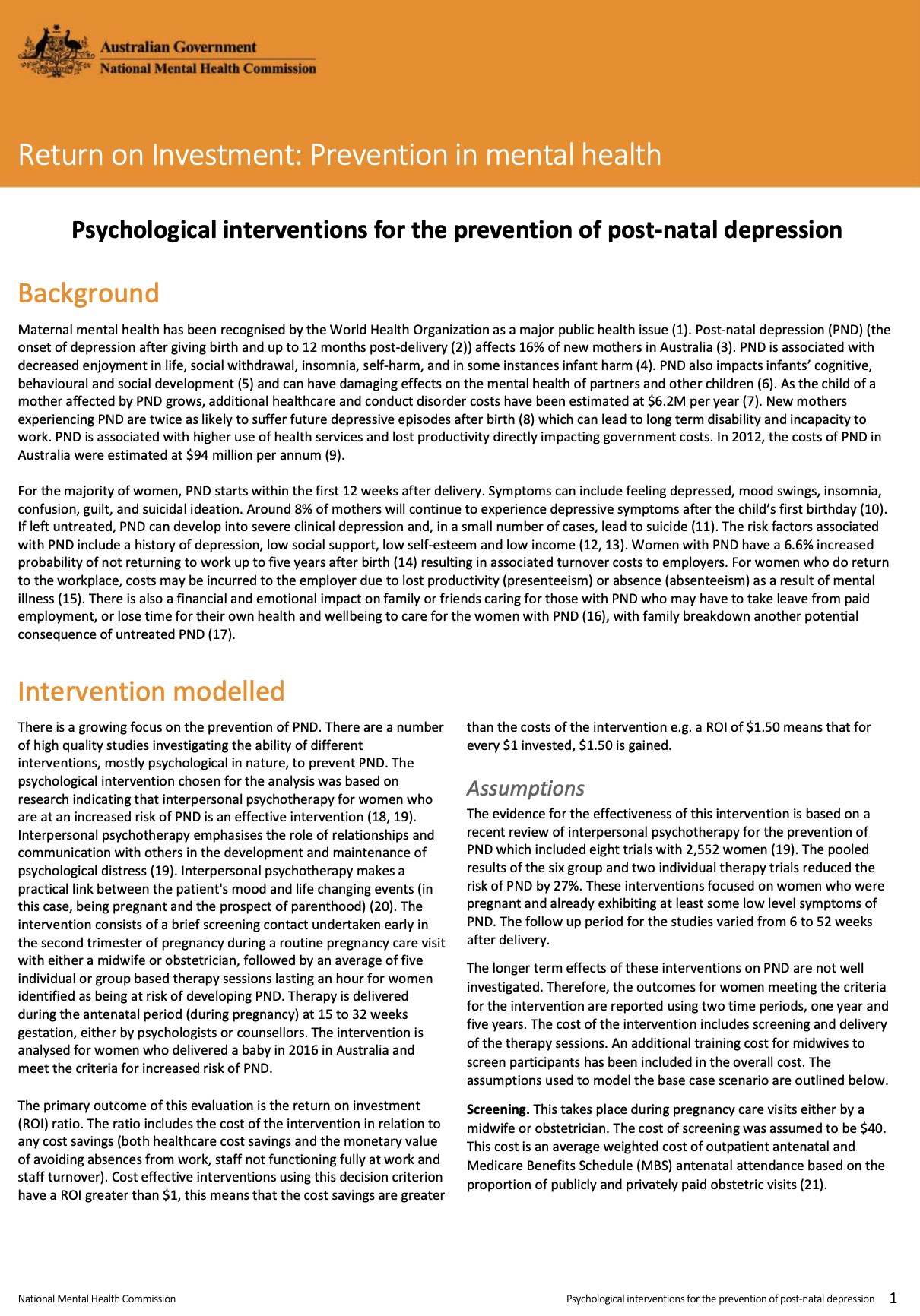 Return on Investment: Prevention in mental health, Psychological interventions for the prevention of post-natal depression