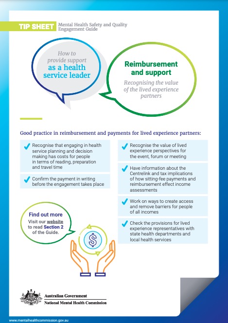 Tip Sheet, Mental Health Safety and Quality Engagement Guide, Reimbursement and support