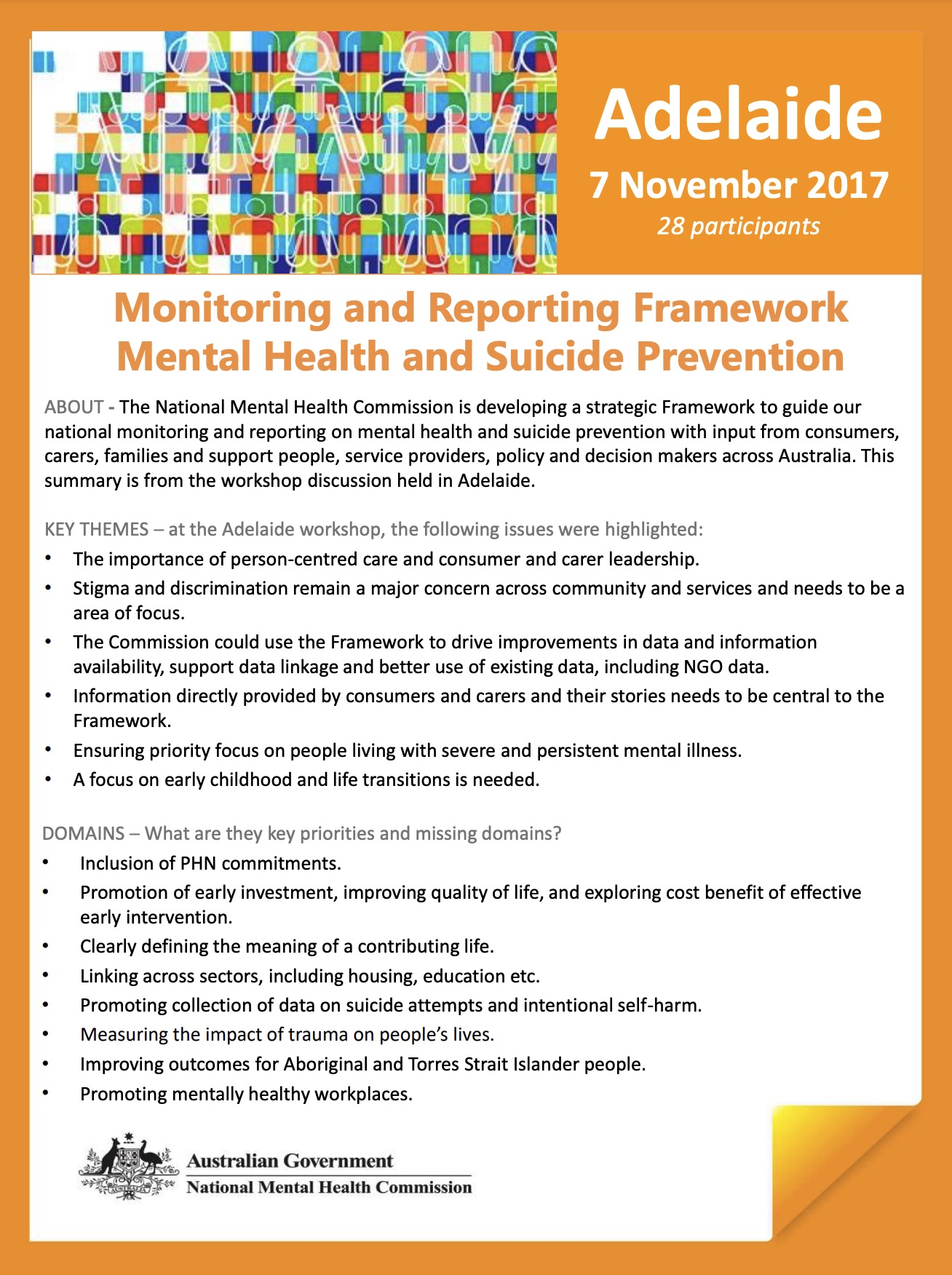 Monitoring and Reporting Framework, Mental Health and Suicide Prevention, Adelaide