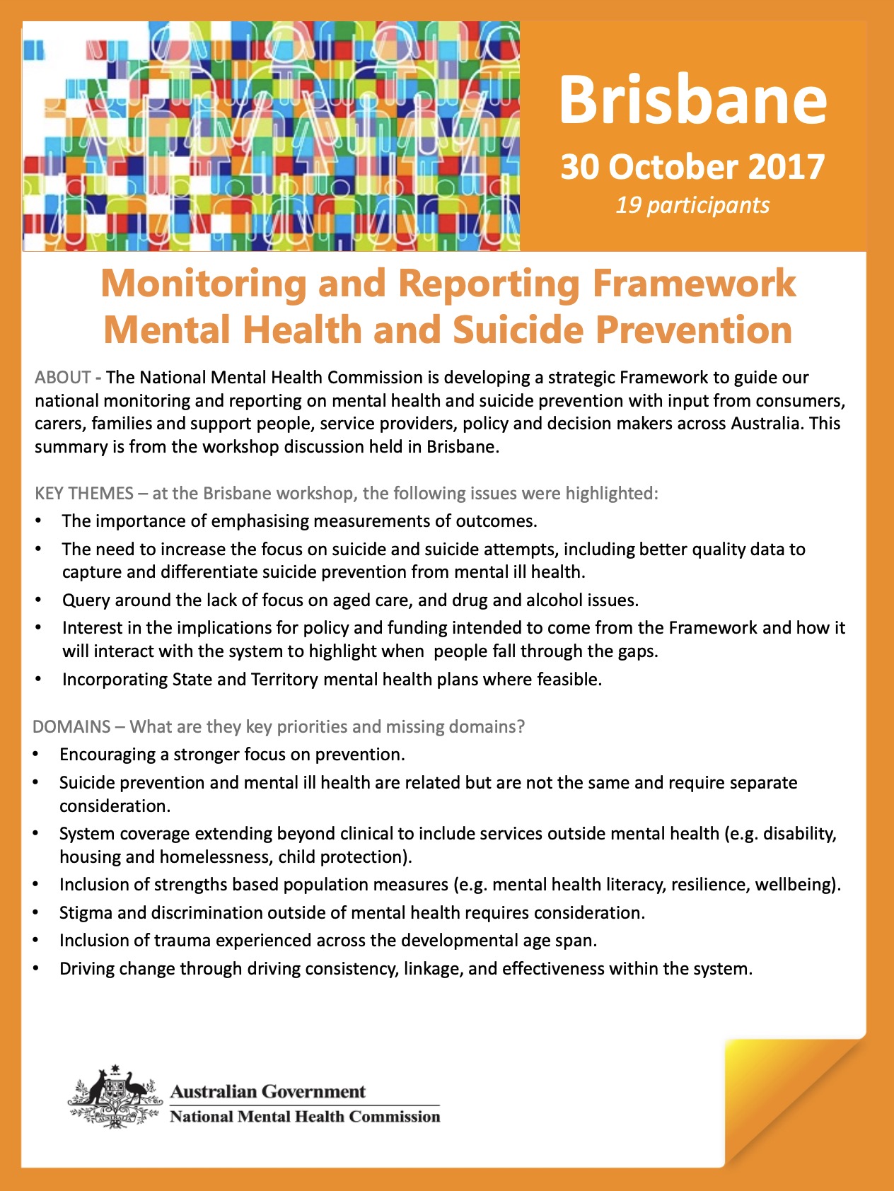 Monitoring and Reporting Framework, Mental Health and Suicide Prevention, Brisbane