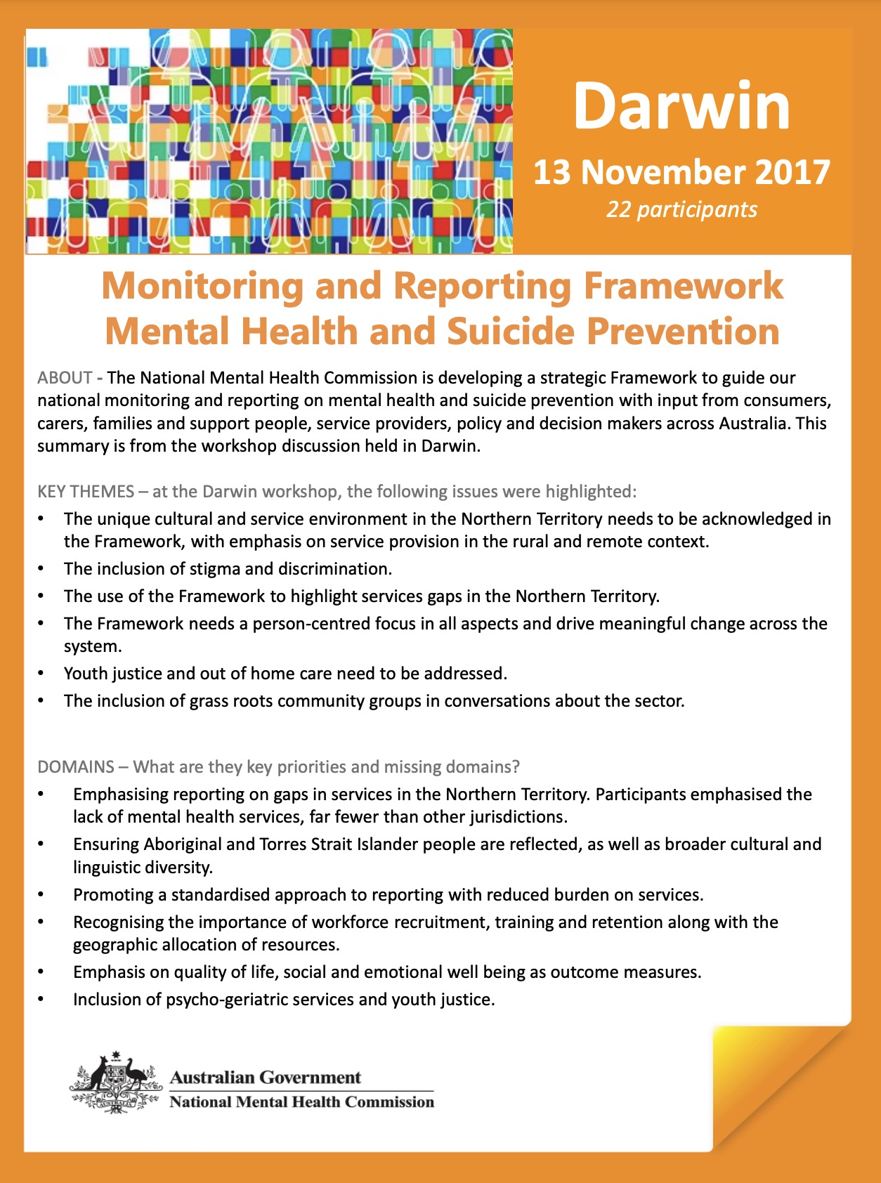Monitoring and Reporting Framework, Mental Health and Suicide Prevention, Darwin