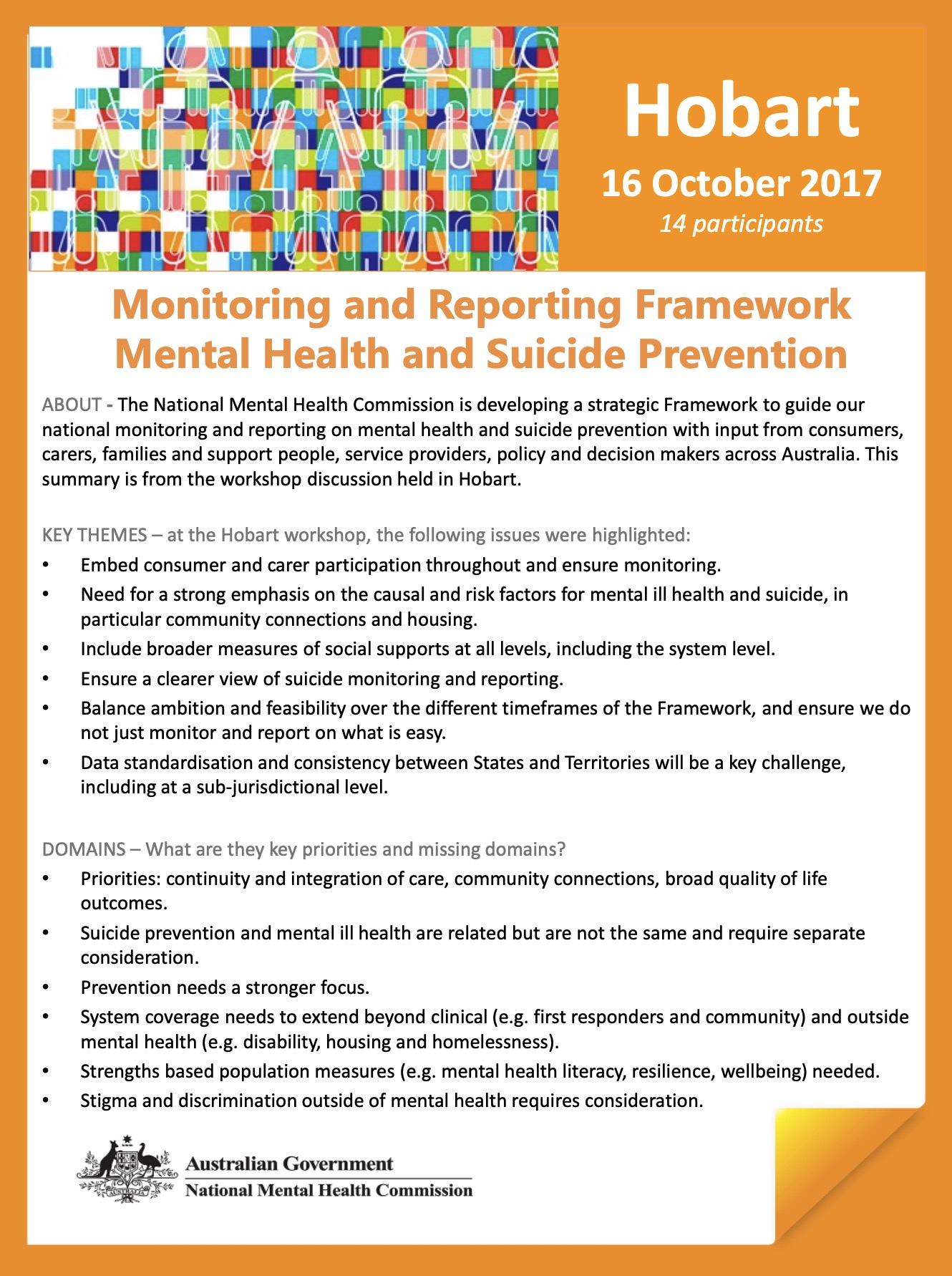 Monitoring and Reporting Framework, Mental Health and Suicide Prevention, Hobart