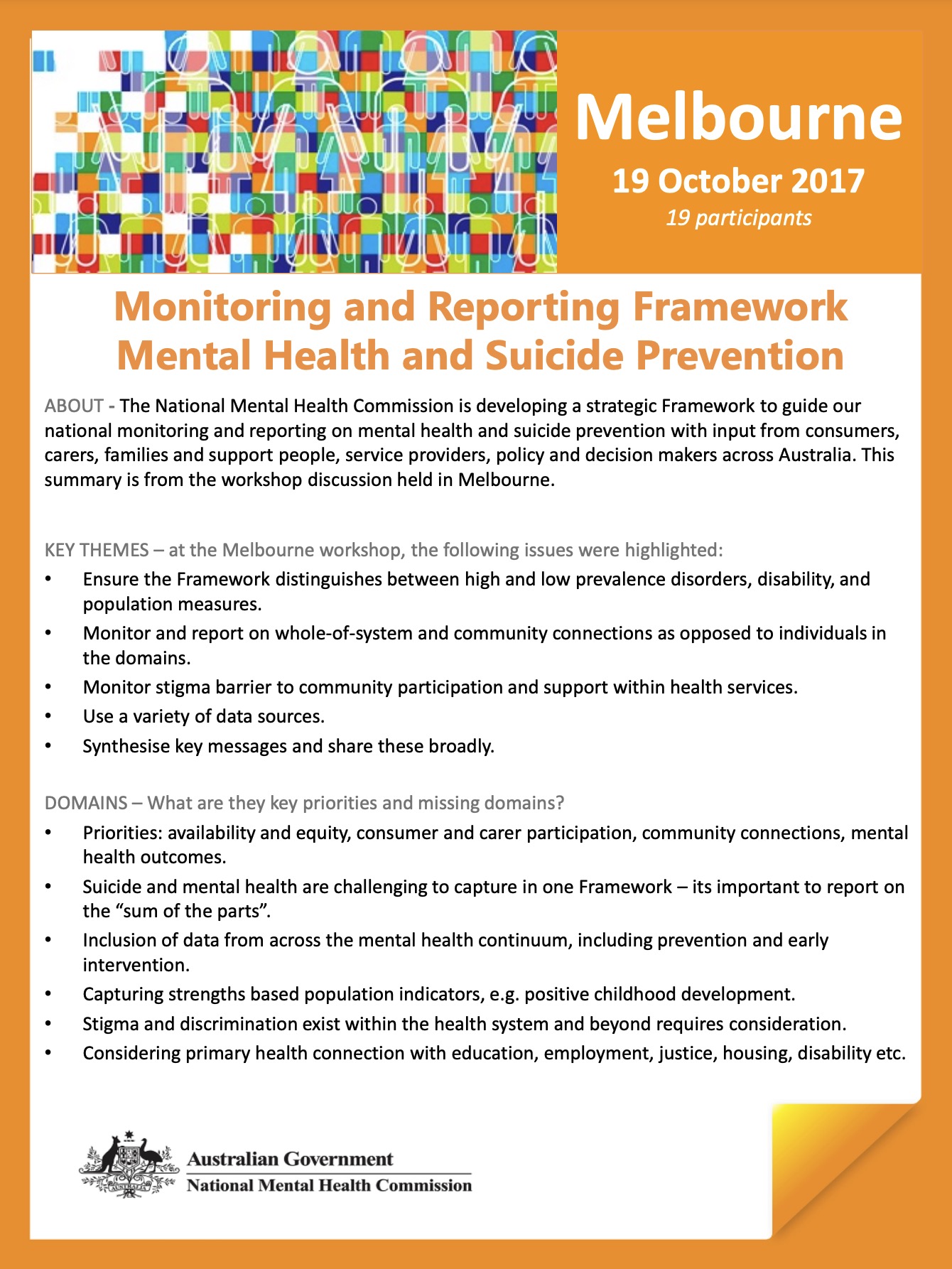 Monitoring and Reporting Framework, Mental Health and Suicide Prevention, Melbourne