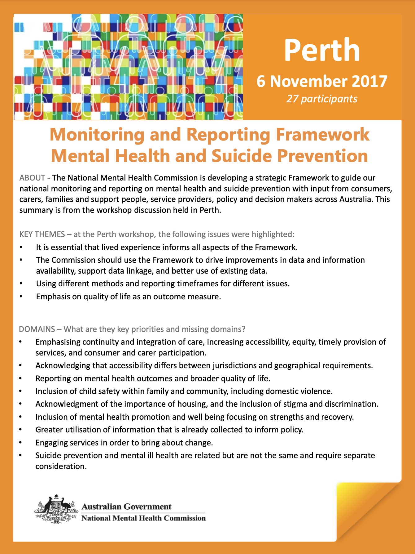 Monitoring and Reporting Framework, Mental Health and Suicide Prevention, Perth