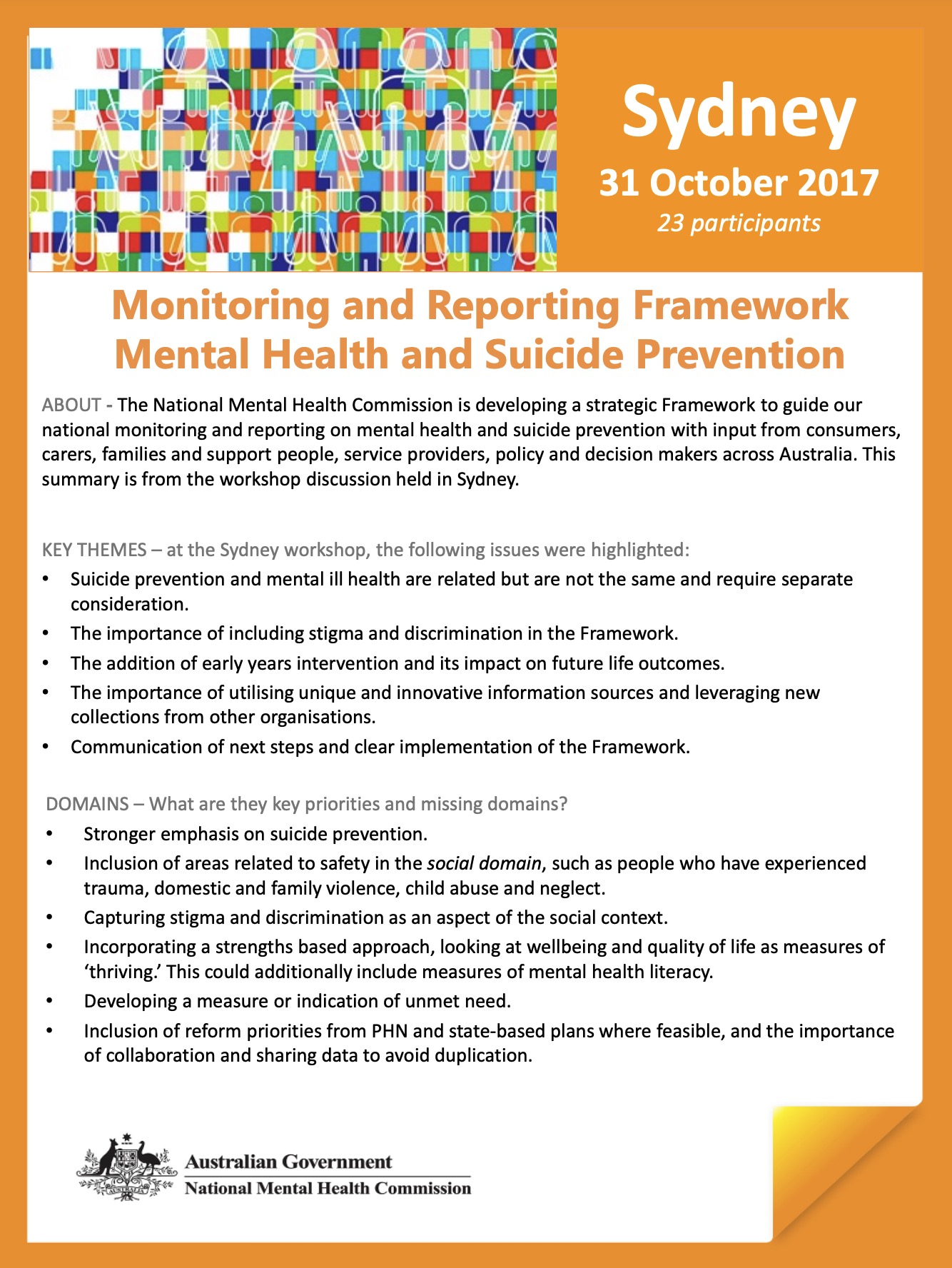Monitoring and Reporting Framework, Mental Health and Suicide Prevention, Sydney
