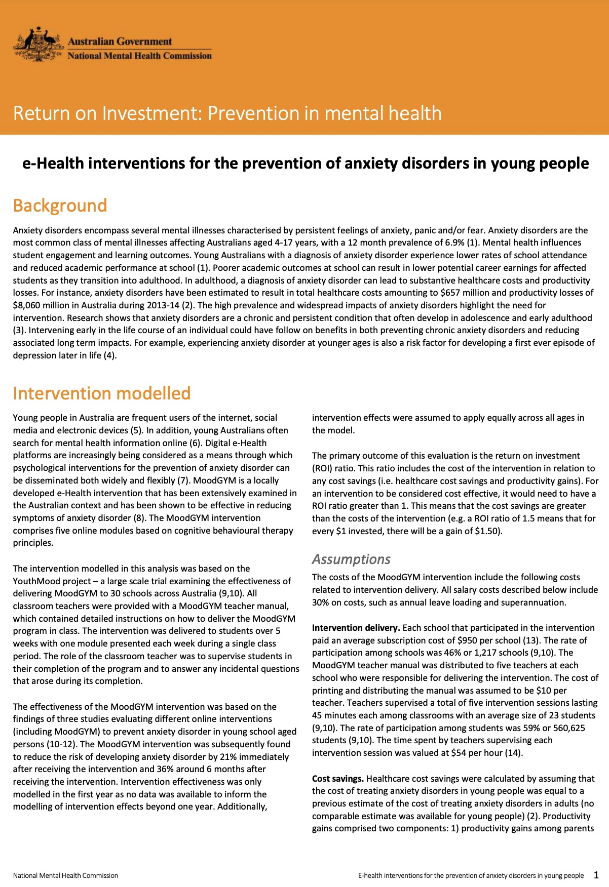 Return on Investment: Prevention in mental health, e-Health interventions for the prevention of anxiety disorders in young people