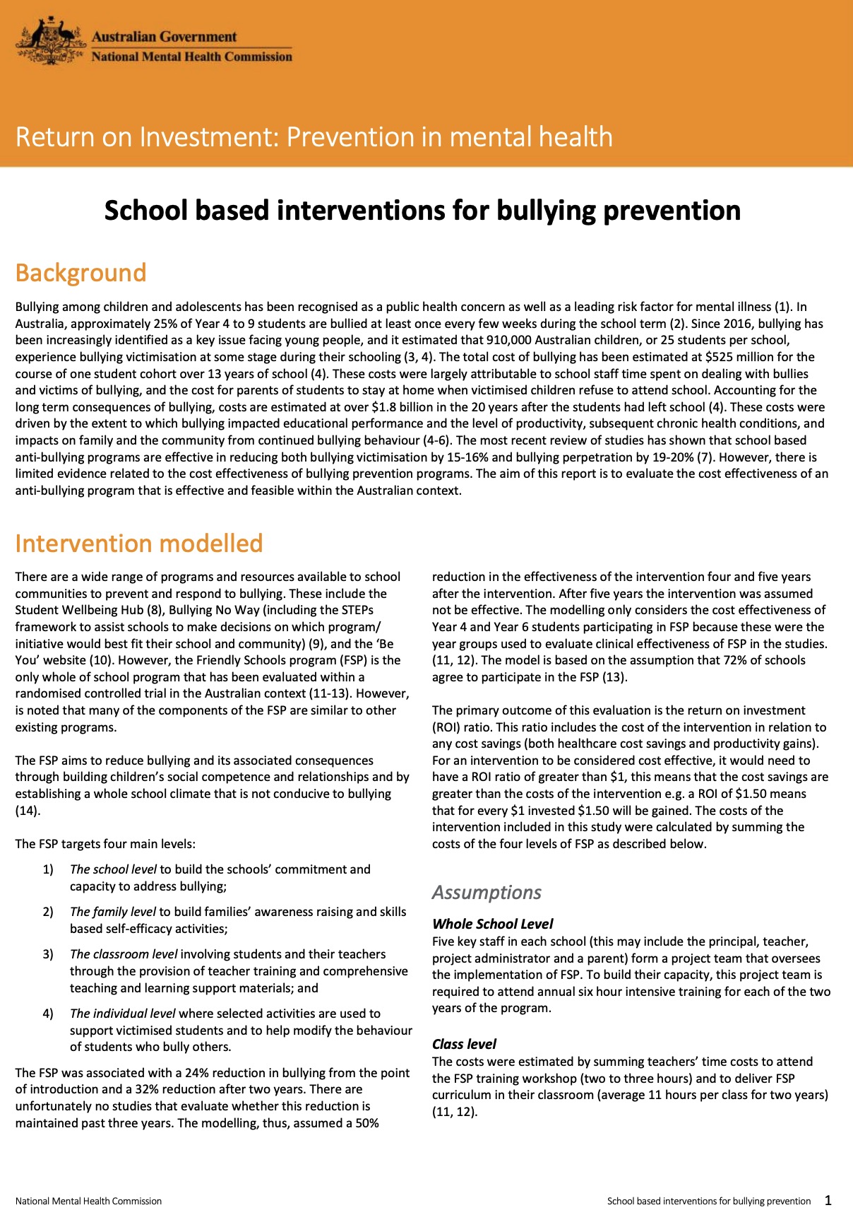 Return on Investment: Prevention in mental health, School based interventions for bullying prevention