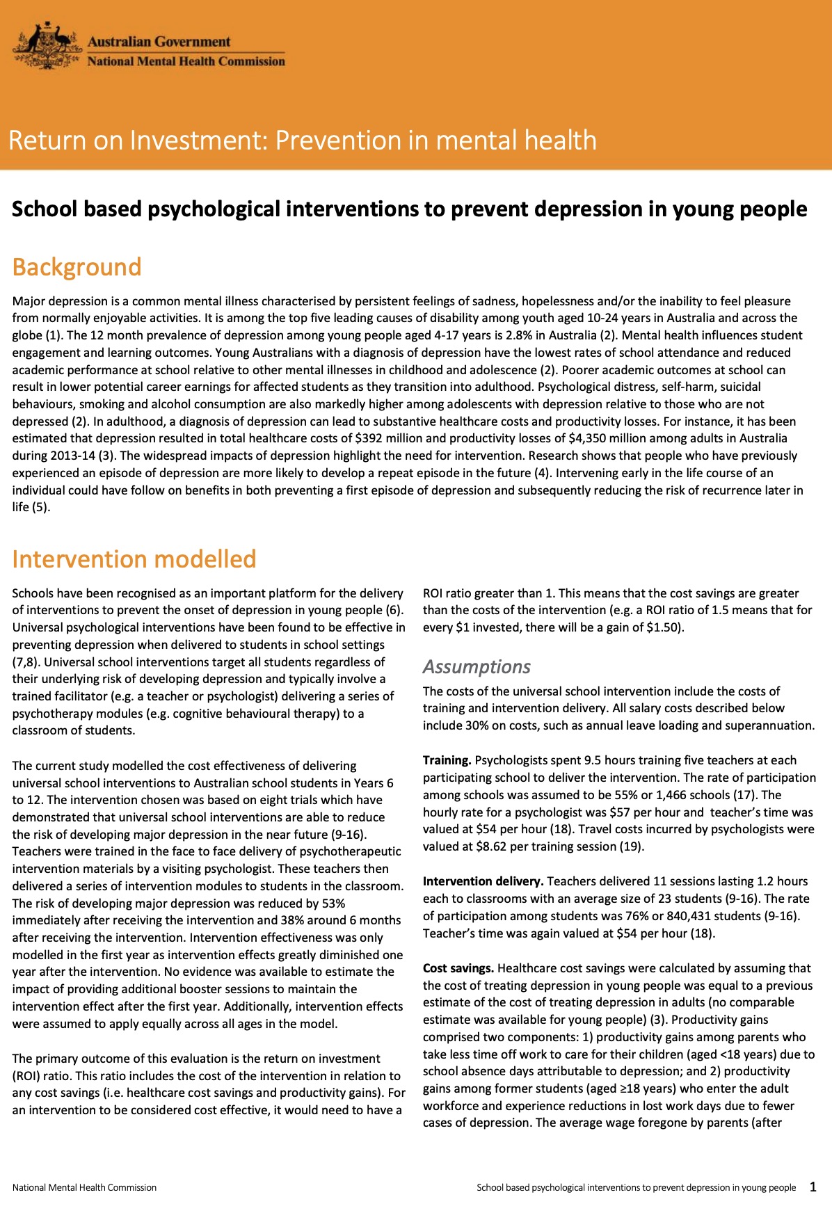 Return on Investment: Prevention in mental health, School based psychological interventions to prevent depression in young people