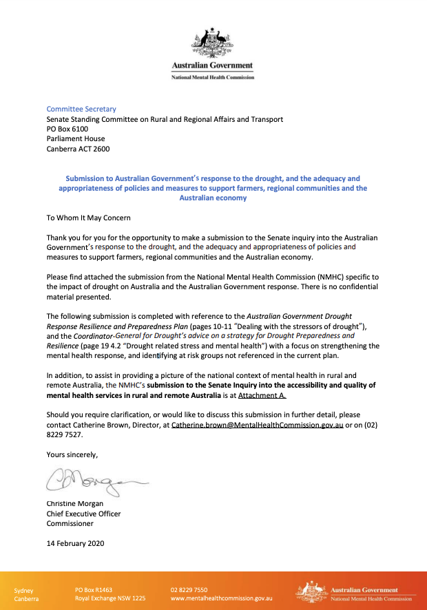 Submission to Australian Government’s response to the drought, and the adequacy and appropriateness of policies and measures to support farmers, regional communities and the Australian economy