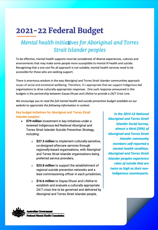 2021-22 Federal Budget Mental health initiatives for Aboriginal and Torres Strait Islander peoples