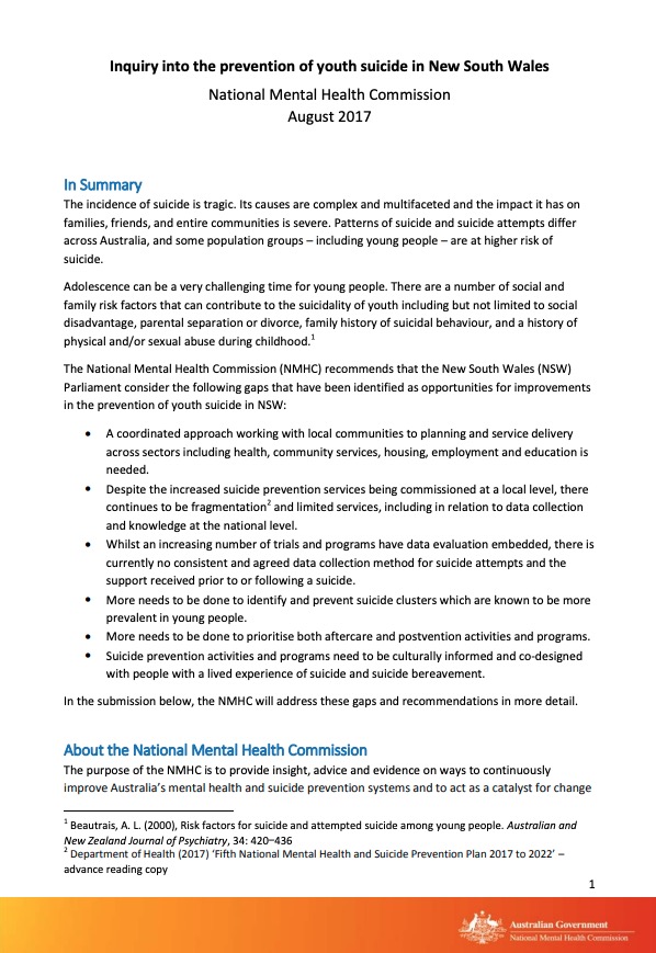 Inquiry into the prevention of youth suicide in New South Wales
